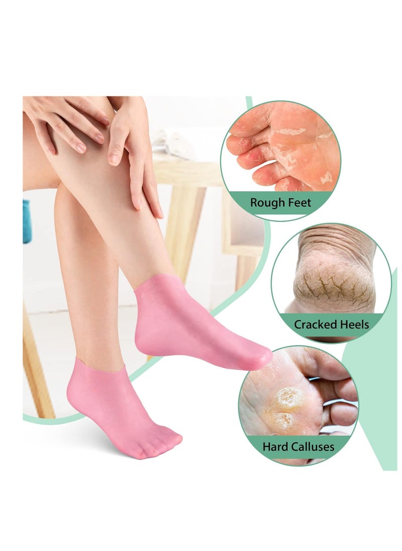 Noverlife 2 Pairs Silicone Moisturizing Socks Softening Dry Cracked Feet Rough Skins & Anti Slip Aloe Socks for Dry Cracked Feet Women, Calluses, Spa Gel Socks Foot Care After Pedicure - Pink & White