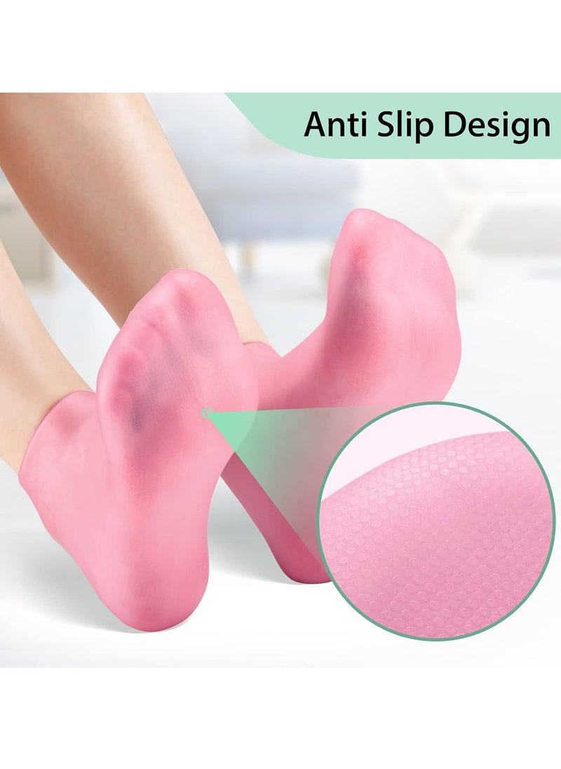 Noverlife 2 Pairs Silicone Moisturizing Socks Softening Dry Cracked Feet Rough Skins & Anti Slip Aloe Socks for Dry Cracked Feet Women, Calluses, Spa Gel Socks Foot Care After Pedicure - Pink & White