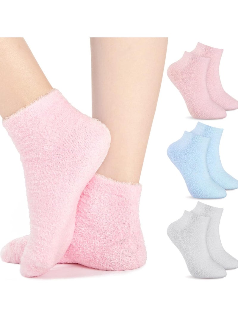 Janmercy 3 Pairs Aloe Socks Moisturizing Spa Socks Infused Socks Gel Sleeping Fuzzy Socks Dry Feet Socks Non Slip Lotion Socks for Women Men Repairing Softening Dry Cracked Feet(Pink, Blue, Gray)