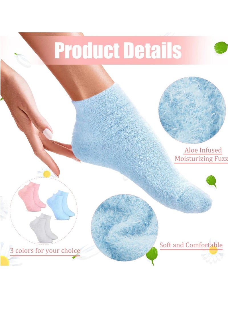 Janmercy 3 Pairs Aloe Socks Moisturizing Spa Socks Infused Socks Gel Sleeping Fuzzy Socks Dry Feet Socks Non Slip Lotion Socks for Women Men Repairing Softening Dry Cracked Feet(Pink, Blue, Gray)