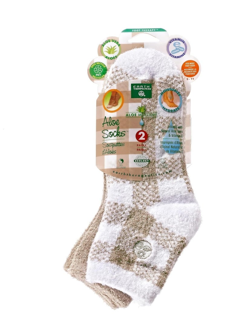 Earth Therapeutics Aloe Vera Socks – Infused with Natural Aloe Vera & Vitamin E – Helps Dry Feet, Cracked Heels, Calluses, Dead Skin – Use with Your Favorite Lotions – Tan Plaid (2 Pairs)