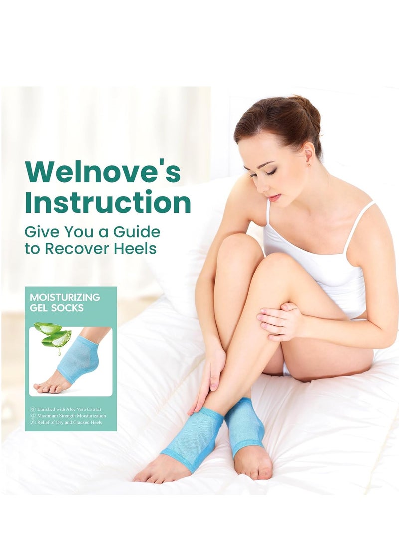 Welnove Moisturizing Heel Socks - 2 Pairs Aloe Vera Extract Infused Gel Lining for Dry Feet - Cracked Heel Repair Treatment - Cotton Socks for Women Men Foot Care (Regular Sizes)