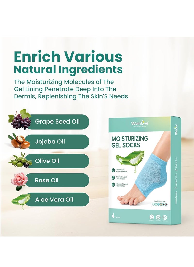 Welnove Moisturizing Heel Socks - 2 Pairs Aloe Vera Extract Infused Gel Lining for Dry Feet - Cracked Heel Repair Treatment - Cotton Socks for Women Men Foot Care (Regular Sizes)