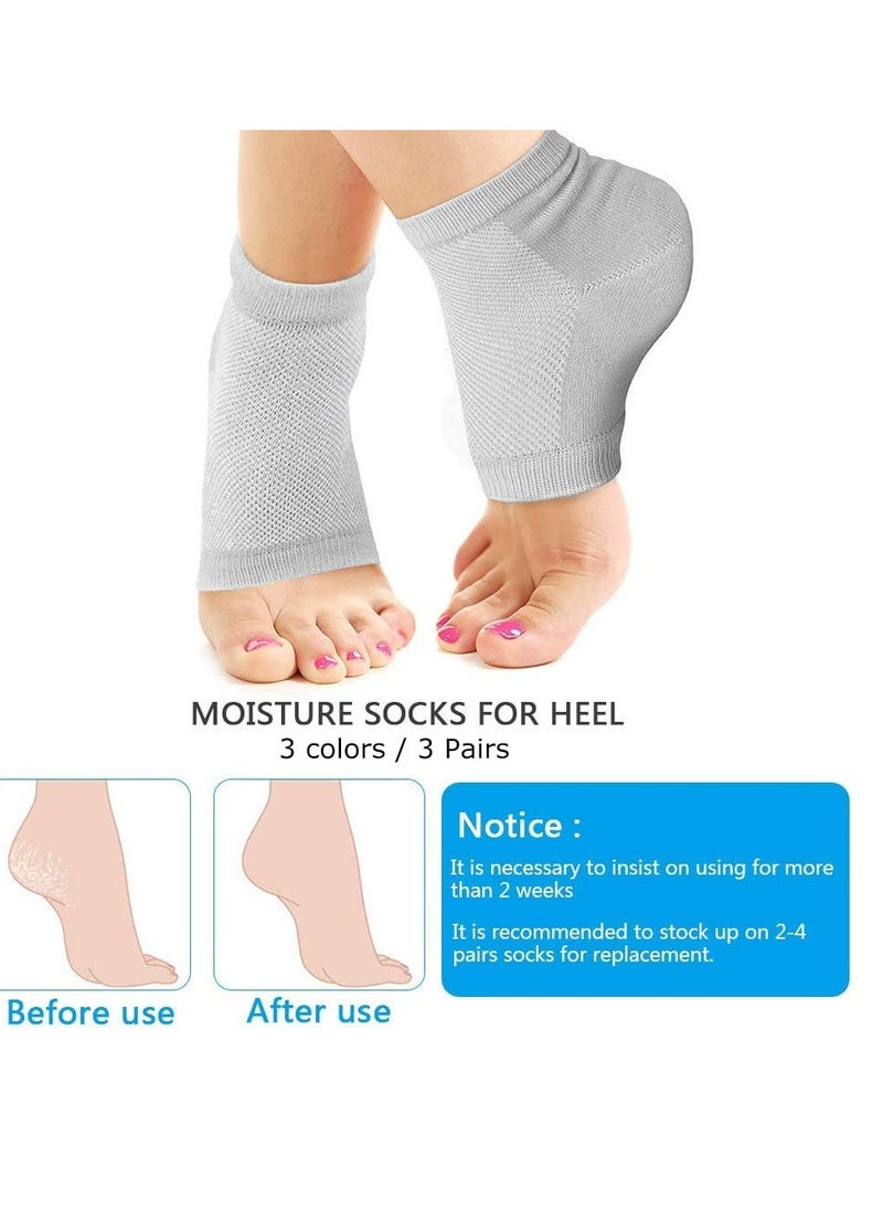 3 Pairs Moisturizing Gel Heel Socks, Vented Unisex Toeless Spa Sock for Foot Care Treatment, Cracked Heels, Dry Feet, Foot Calluses (Gray, Green, Pink)