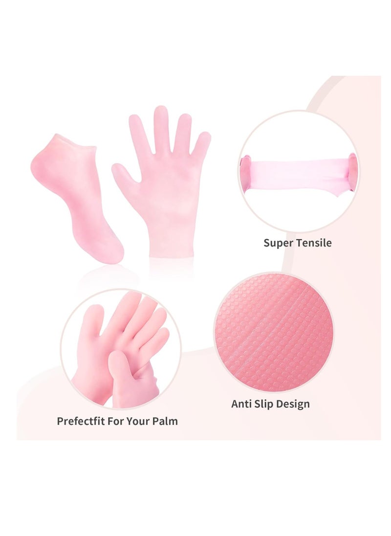 MoyRetty 2 Pairs Moisturizing Glove Socks Set, Silicone Gel Spa Socks for Dry Cracked Skin,Silicone Gel Heel Socks Anti Slip,for Foot Hand Softening, Calluses, Foot Care After Pedicure(Pink)