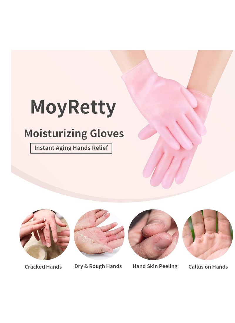 MoyRetty 2 Pairs Moisturizing Glove Socks Set, Silicone Gel Spa Socks for Dry Cracked Skin,Silicone Gel Heel Socks Anti Slip,for Foot Hand Softening, Calluses, Foot Care After Pedicure(Pink)