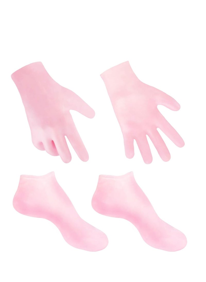 MoyRetty 2 Pairs Moisturizing Glove Socks Set, Silicone Gel Spa Socks for Dry Cracked Skin,Silicone Gel Heel Socks Anti Slip,for Foot Hand Softening, Calluses, Foot Care After Pedicure(Pink)