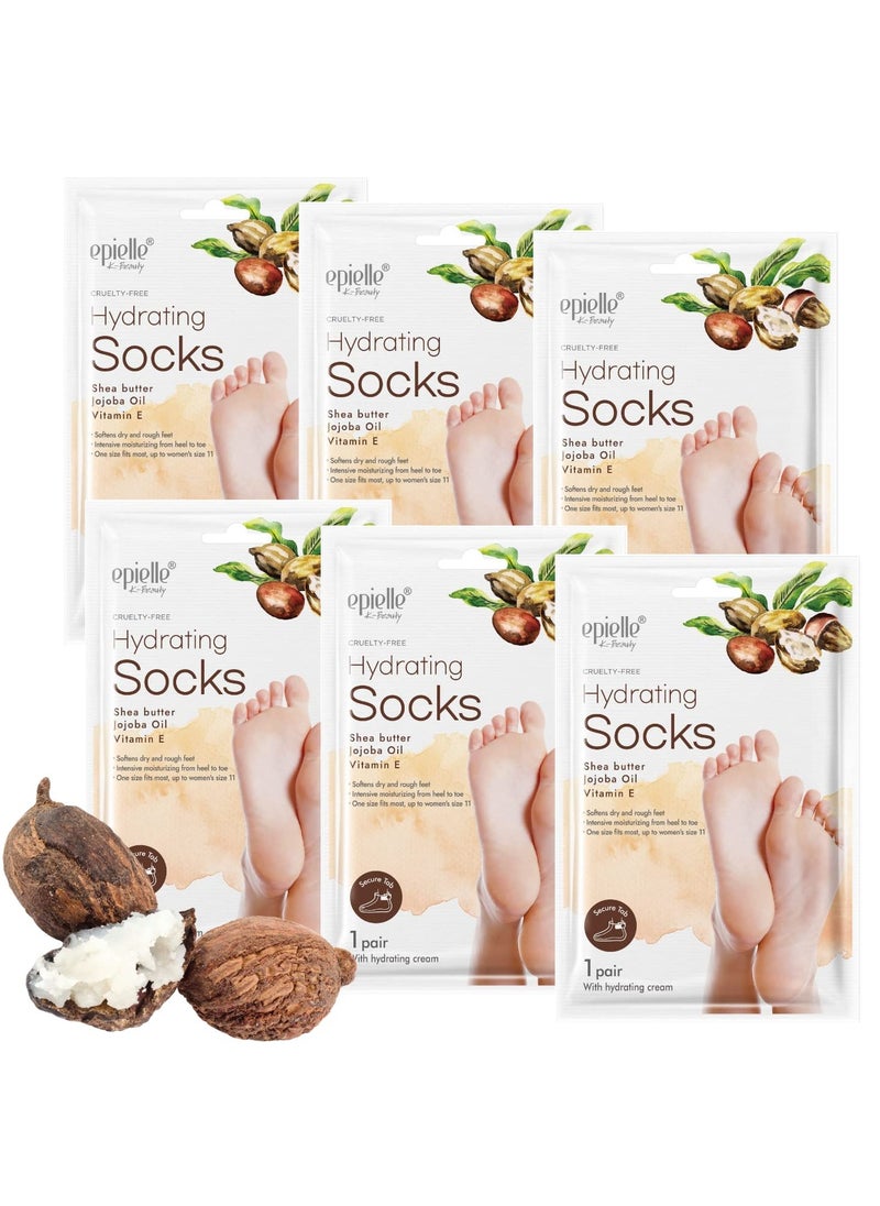 New Epielle Hydrating Foot Masks | 6 Pack Socks | For Cracked Feet, Dry Heels, Toes & Calluses | Shea Butter, Jojoba Oil, Vitamin E | Korean Skincare