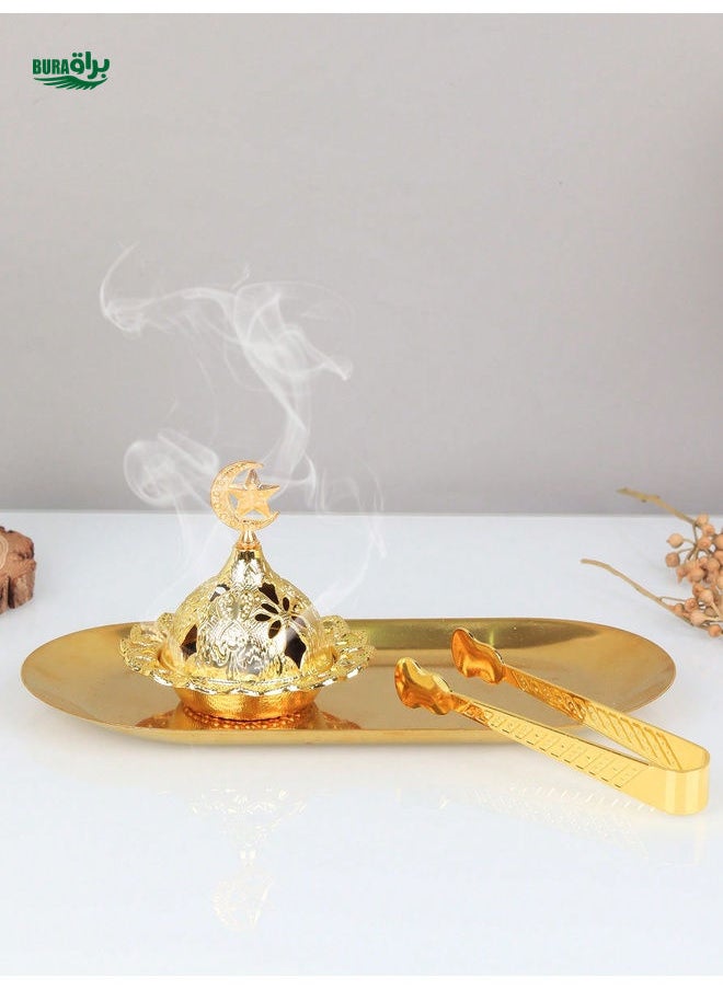 1 Set Of Handheld Gold Incense Burners For Arab Festival Small Incense Burners With Metal Clips/Trays