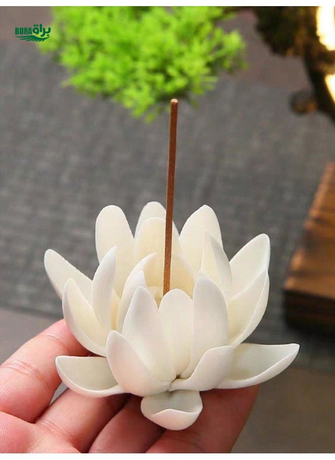 1pc Ceramic White Lotus Incense Holder For Sticks, Incense Burner With Removable Ash Catcher, Handmade Pinching Craft, Elegant Flower Home Decor For Yoga Meditation Spa Room, Tea Room Table Decor Halloween,Spooky,Autumn,Festival,Holiday Christmas,Winter,Holiday,Festival