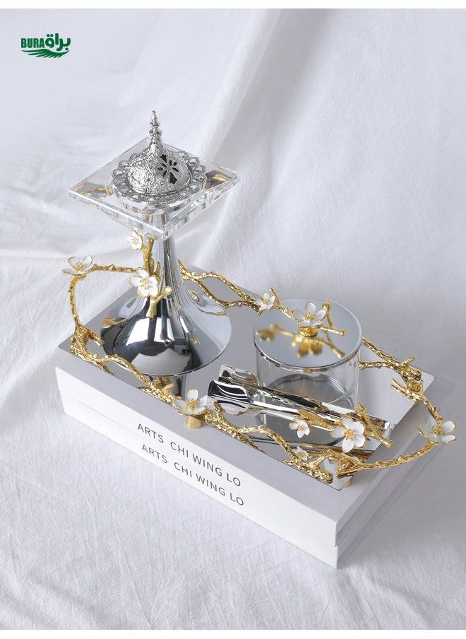 Handmade Alloy & Crystal Luxury Aromatherapy Set: Incense Burner, Incense Case, Incense Clip, Tray