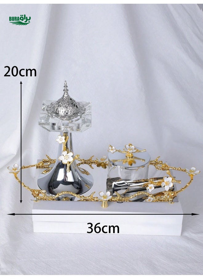 Handmade Alloy & Crystal Luxury Aromatherapy Set: Incense Burner, Incense Case, Incense Clip, Tray