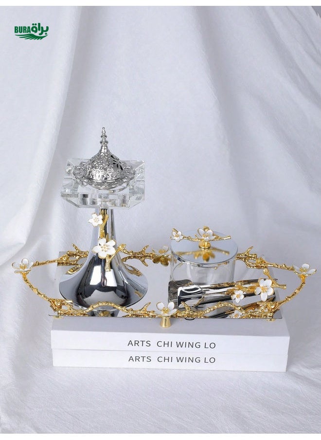 Handmade Alloy & Crystal Luxury Aromatherapy Set: Incense Burner, Incense Case, Incense Clip, Tray