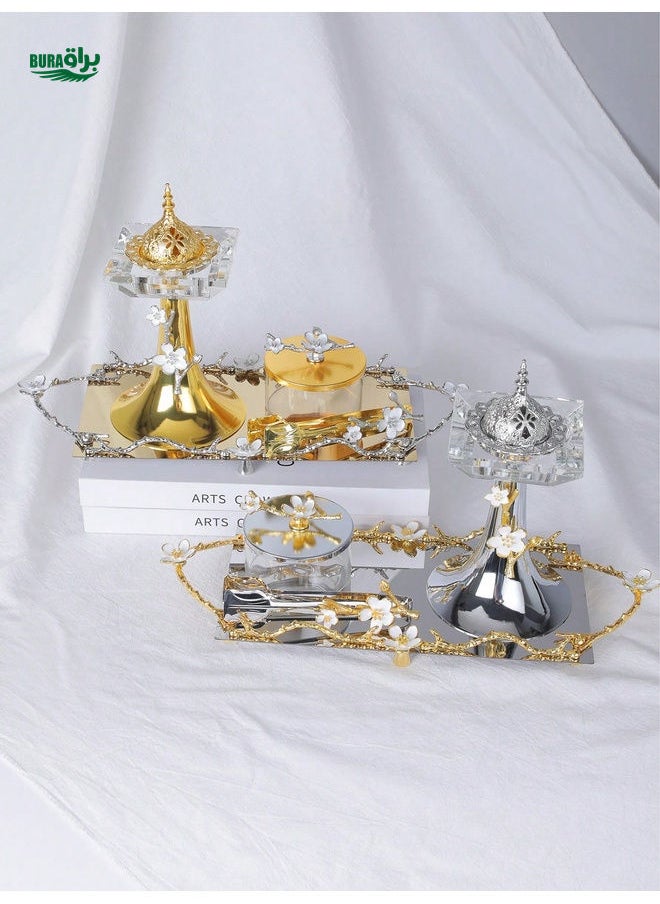 Handmade Alloy & Crystal Luxury Aromatherapy Set: Incense Burner, Incense Case, Incense Clip, Tray