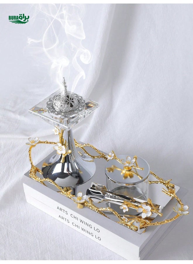 Handmade Alloy & Crystal Luxury Aromatherapy Set: Incense Burner, Incense Case, Incense Clip, Tray