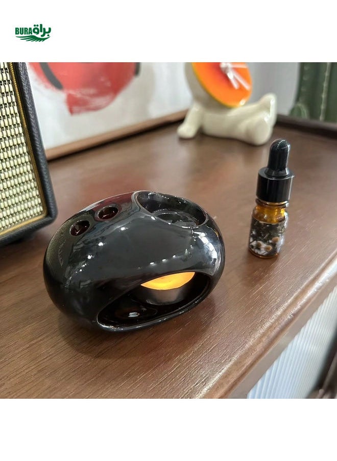 1pc Black Oval Vintage Ceramic Incense Burner (Candle Not Included), Multipurpose Ceramic Incense Burner, Scented Candle, Powder And Essential Oil Diffuser, Wooden Base - Suitable For Yoga Studio, Camping, Garden, Patio