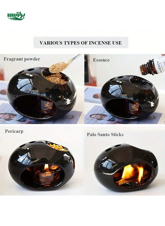 1pc Black Oval Vintage Ceramic Incense Burner (Candle Not Included), Multipurpose Ceramic Incense Burner, Scented Candle, Powder And Essential Oil Diffuser, Wooden Base - Suitable For Yoga Studio, Camping, Garden, Patio