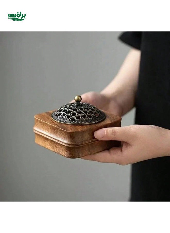 1pc, Traditional Walnut Wood Incense Burner, Elegant Antique Carved Aromatherapy Furnace, Home Use Solid Wood Incense Holder, With Hollowed Out Lid And Incense Stick Base, Vintage Ornament Design