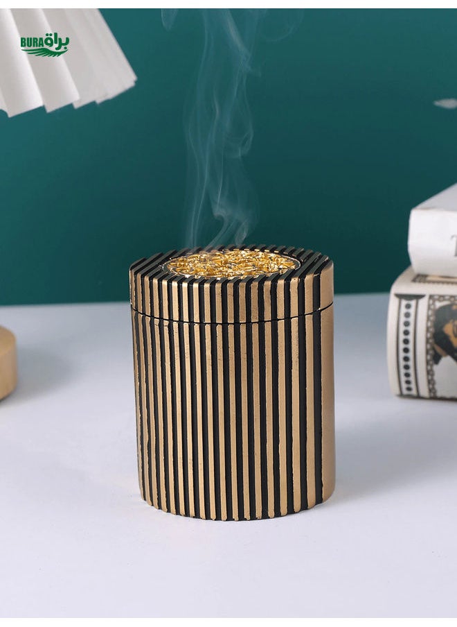 1Pc Round Vertical Gold Stripe Incense Burner With Lid, Arabian Incense Burner, Frankincense Resin Incense Burner, Yoga Incense Burner, Hydrotherapy Aromatherapy Incense Burner, Office & Home Decor Gifts (Rose Gold)