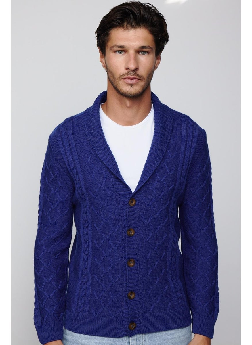 Slim Fit Slim Fit Patterned Soft Textured Buttoned Sax Blue Men's Cardigan