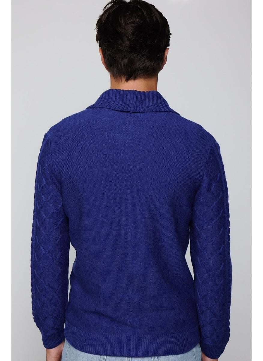 Slim Fit Slim Fit Patterned Soft Textured Buttoned Sax Blue Men's Cardigan