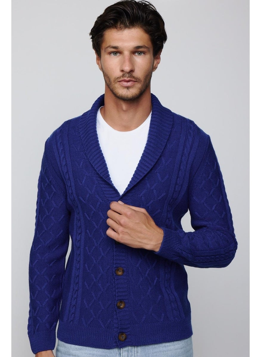 Slim Fit Slim Fit Patterned Soft Textured Buttoned Sax Blue Men's Cardigan