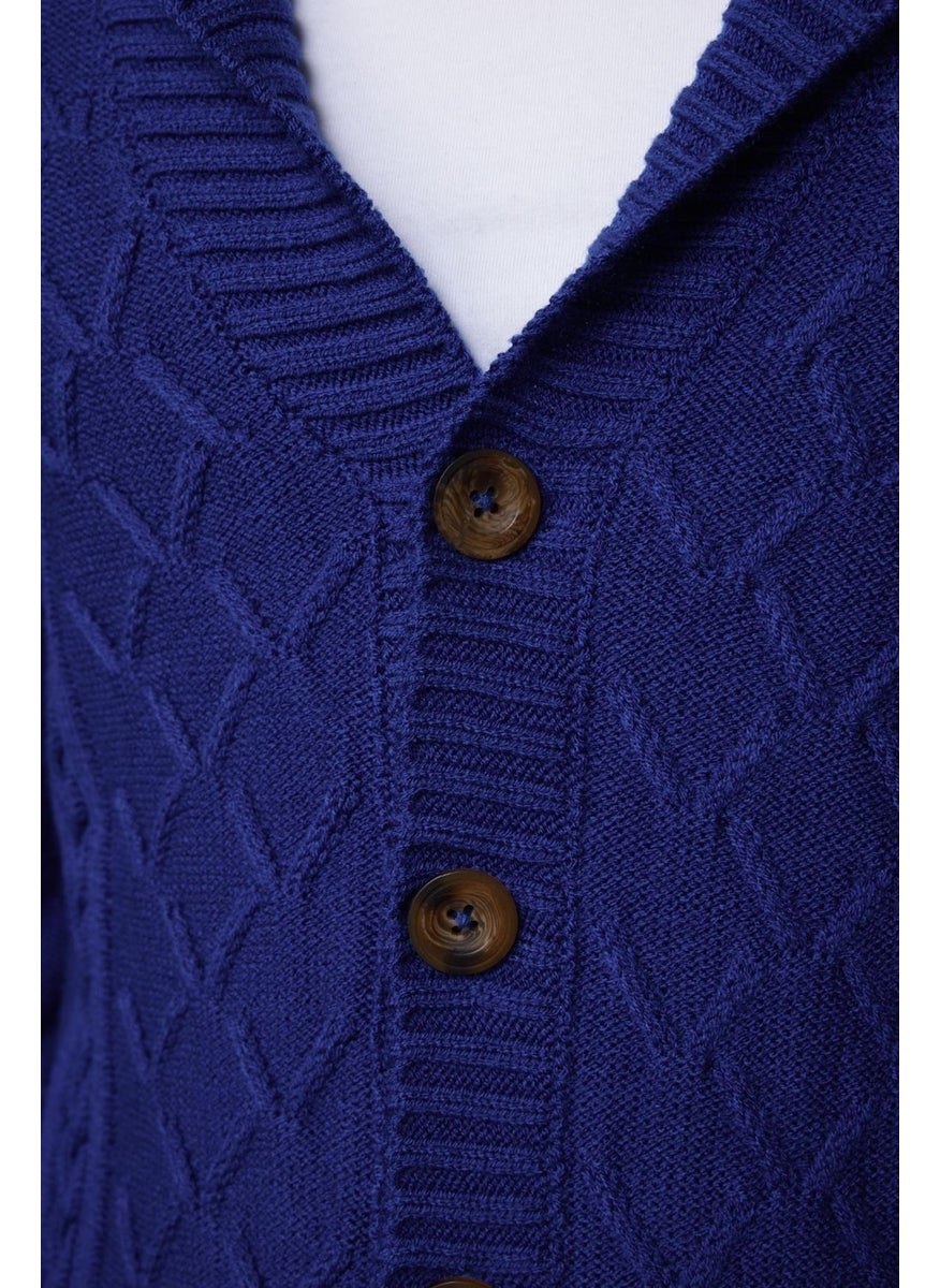 Slim Fit Slim Fit Patterned Soft Textured Buttoned Sax Blue Men's Cardigan