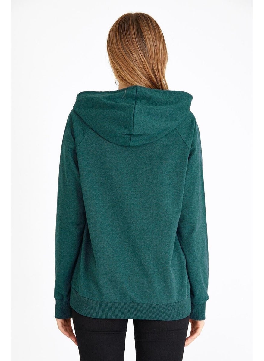 Women's Green Hooded Basic Knitted Sweatshirt