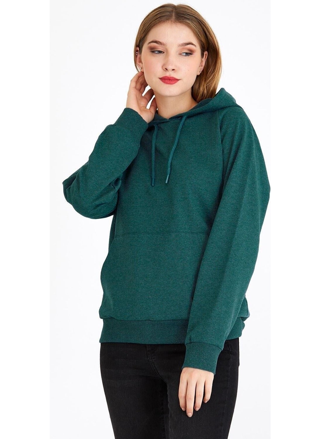 Women's Green Hooded Basic Knitted Sweatshirt