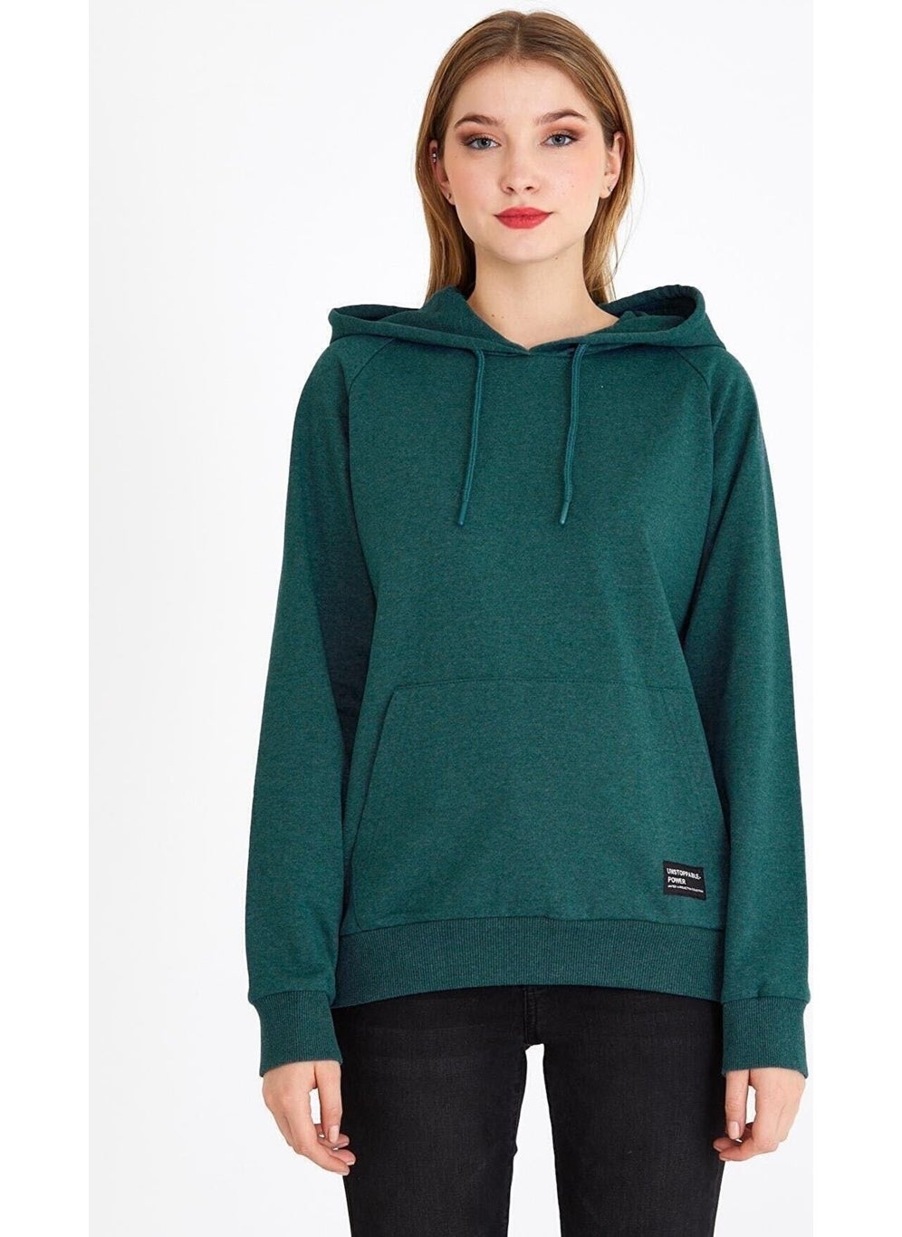 Women's Green Hooded Basic Knitted Sweatshirt