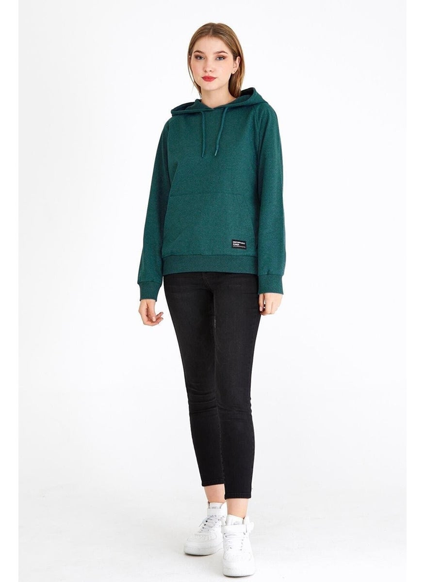 Women's Green Hooded Basic Knitted Sweatshirt