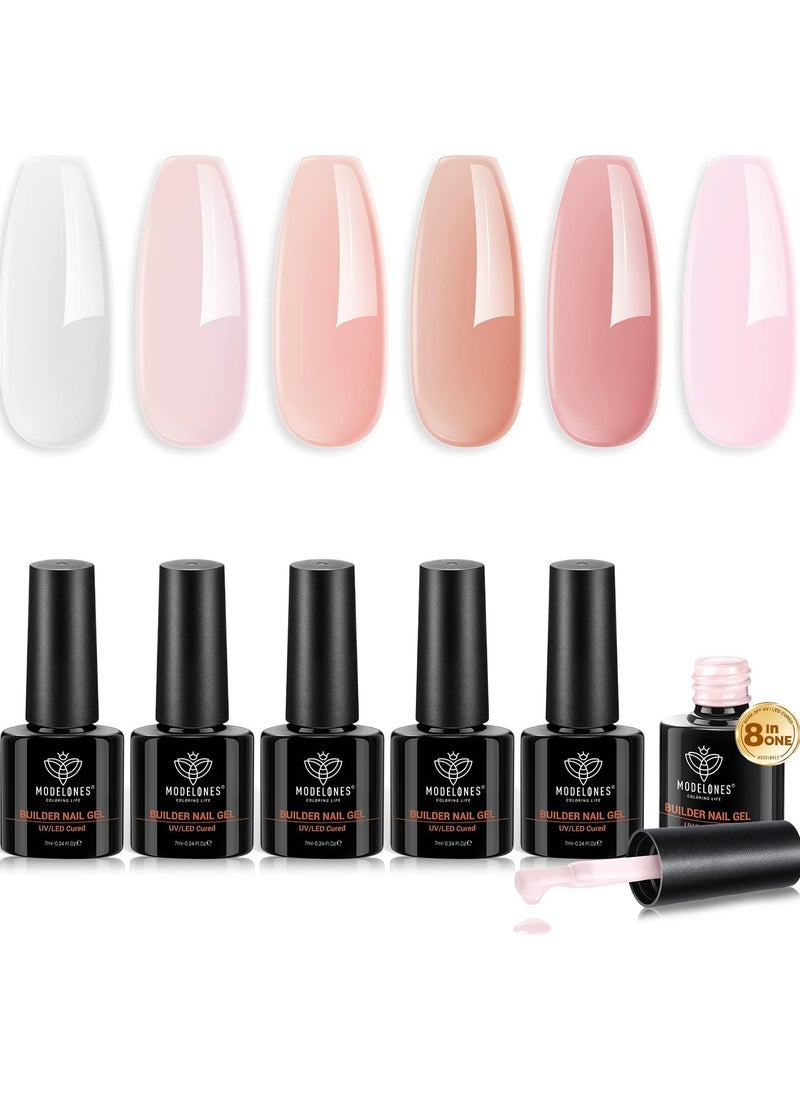 modelones Builder Nail Gel Set, 6 Colors Gel Builder 8-in-One, Jelly Nude Pink Hard Gel Builder Nail Polish Nail Strengthener Extension Gel LED Nail Lamp Cured Color Base Nail Glue Gel in a Bottle