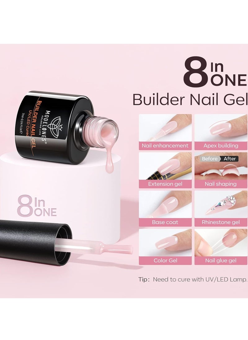 modelones Builder Nail Gel Set, 6 Colors Gel Builder 8-in-One, Jelly Nude Pink Hard Gel Builder Nail Polish Nail Strengthener Extension Gel LED Nail Lamp Cured Color Base Nail Glue Gel in a Bottle