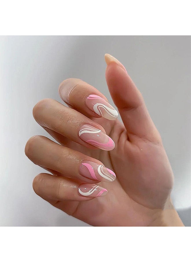 Acrylic Nails, Fake Nails Medium Length Press on White Pink Abstract Cute Coffin False with Glue, Stick Art Manicure Decoration, Glossy Nude 24Pcs