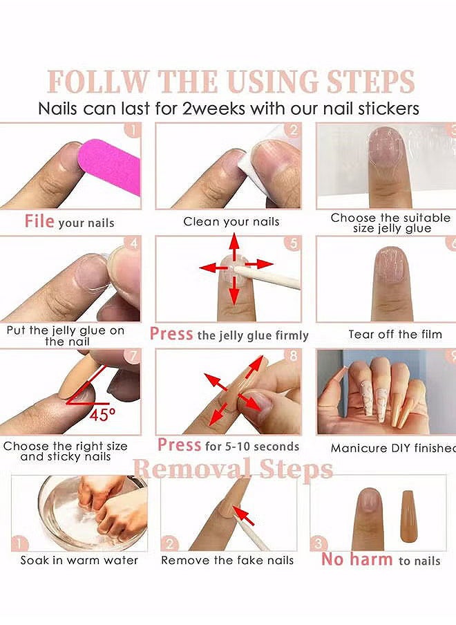 Acrylic Nails, Fake Nails Medium Length Press on White Pink Abstract Cute Coffin False with Glue, Stick Art Manicure Decoration, Glossy Nude 24Pcs