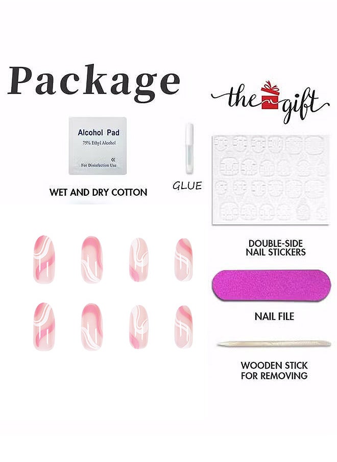 Acrylic Nails, Fake Nails Medium Length Press on White Pink Abstract Cute Coffin False with Glue, Stick Art Manicure Decoration, Glossy Nude 24Pcs