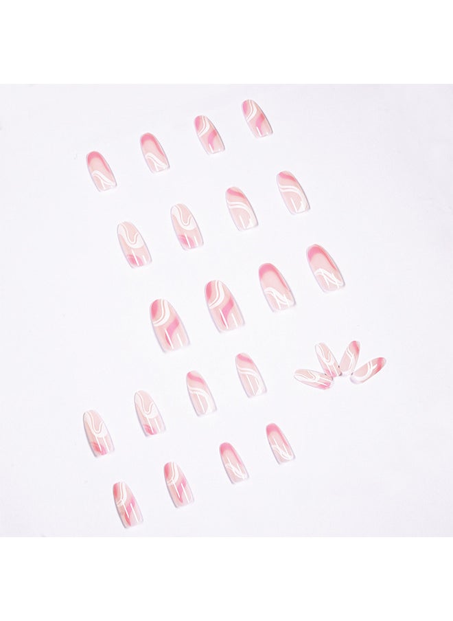 Acrylic Nails, Fake Nails Medium Length Press on White Pink Abstract Cute Coffin False with Glue, Stick Art Manicure Decoration, Glossy Nude 24Pcs