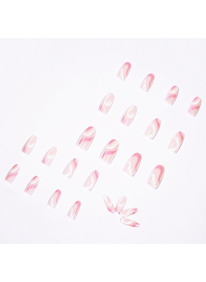 Acrylic Nails, Fake Nails Medium Length Press on White Pink Abstract Cute Coffin False with Glue, Stick Art Manicure Decoration, Glossy Nude 24Pcs