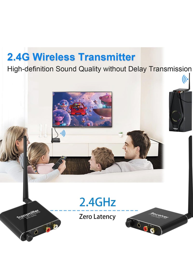 2.4GHz Wireless Audio Transmitter Receiver, 165 ft Long Range Low Latency Audio Adapter with Volume Control for Subwoofer, Powered Speaker, Soundbar, RCA or 3.5mm Jack Input/Output