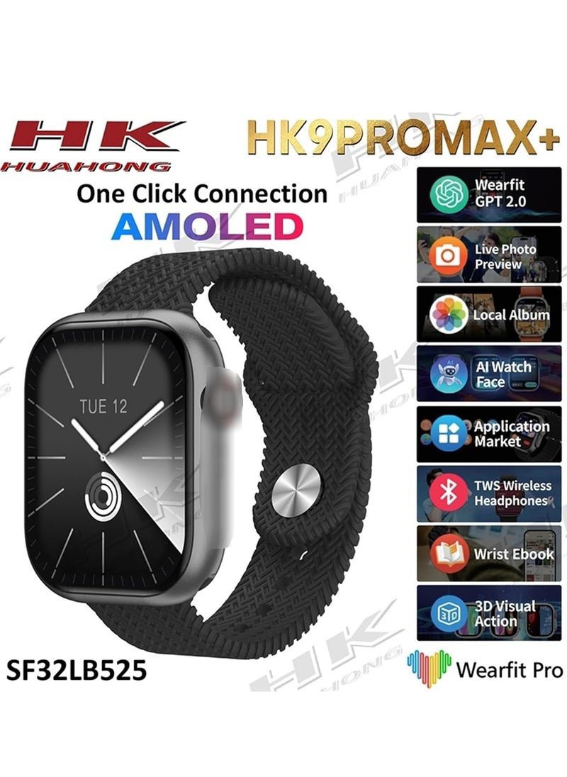 NEW 2024 NEW HK9 Pro MAX+ Smart Watch - 45mm AMOLED Screen, ChatGPT Integration, IP68 Waterproof Fitness Tracker (Silver Body, Black Strap)