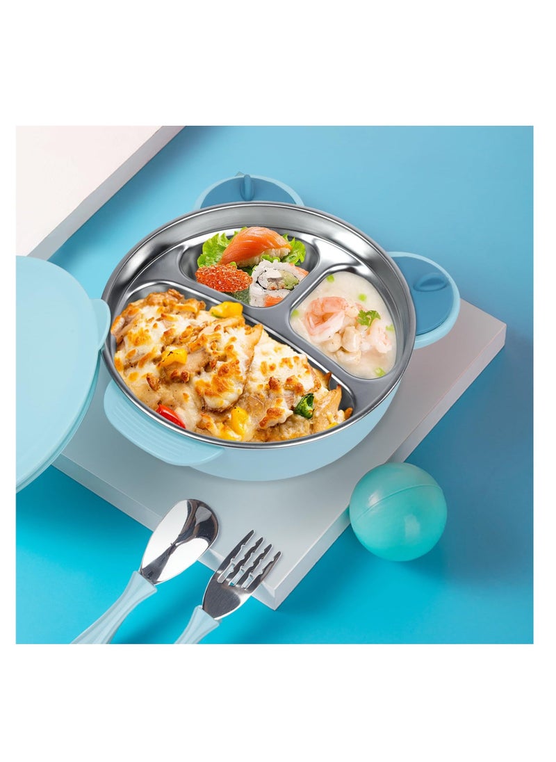 Stainless Steel Baby Feeding Bowl, Stainless Steel Kids Plates, Stainless Steel Baby Bowls, Toddler Suction Plate with Lid Spoon and Fork, Perfect for Children, Blue