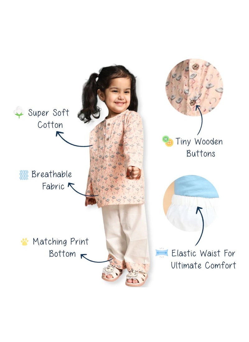 Polka Tots Full Sleeves Night Wear Fauna Kurta Pyjama - Peach