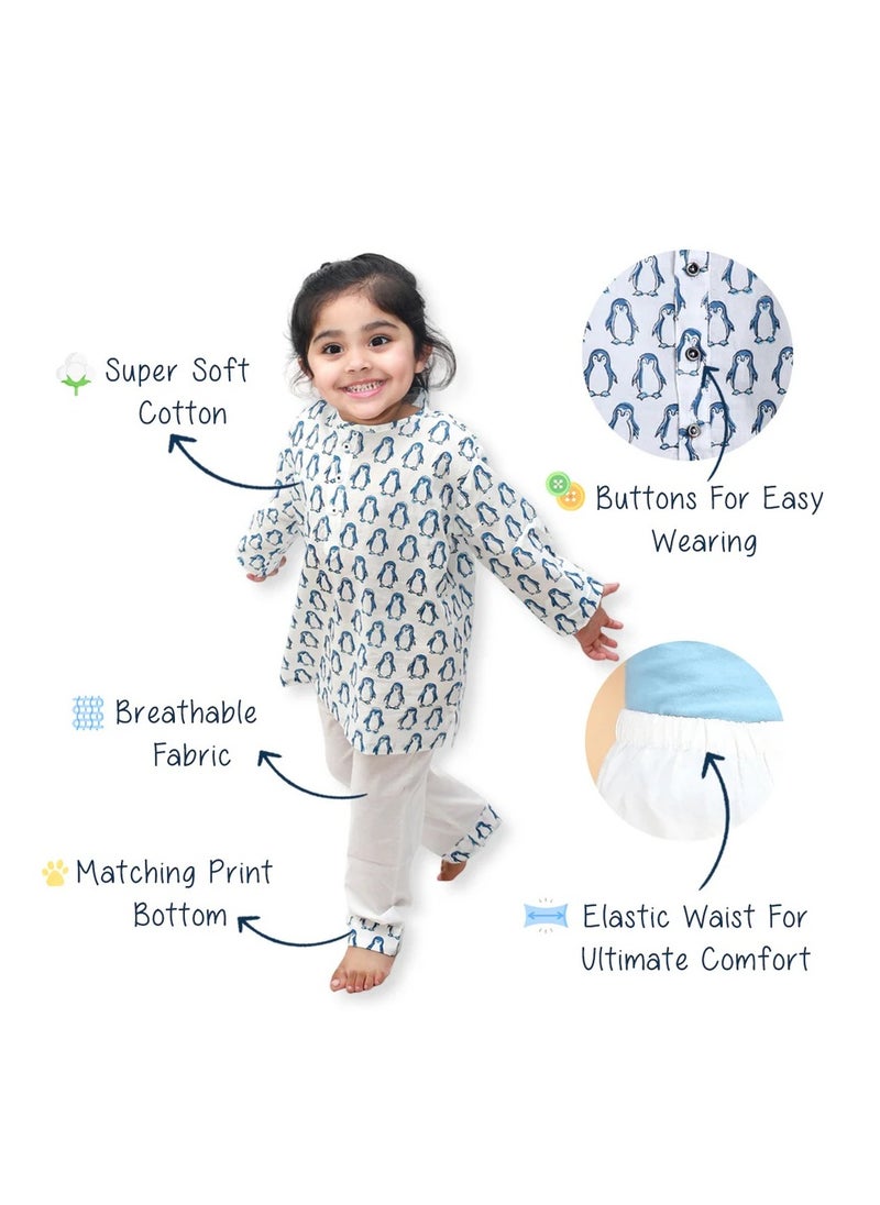 Polka Tots Full Sleeves Night Wear Penguin Kurta Pyjama - Blue