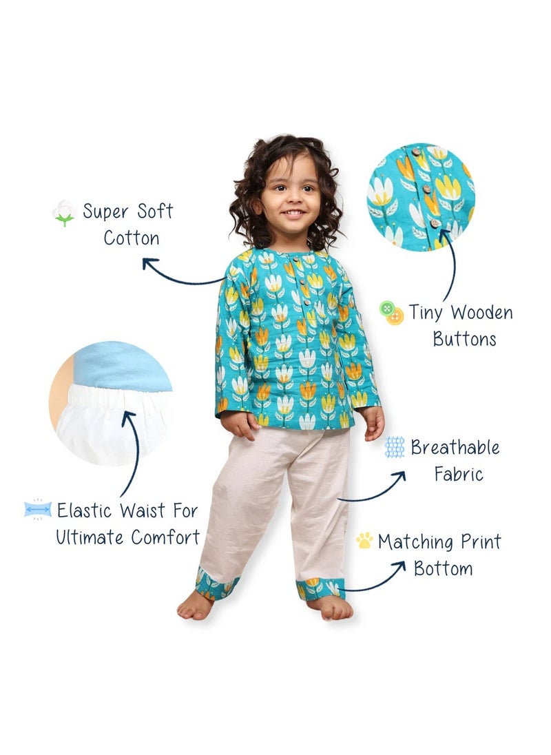 Polka Tots Full Sleeves Night Wear Lotus Kurta Pyjama - White