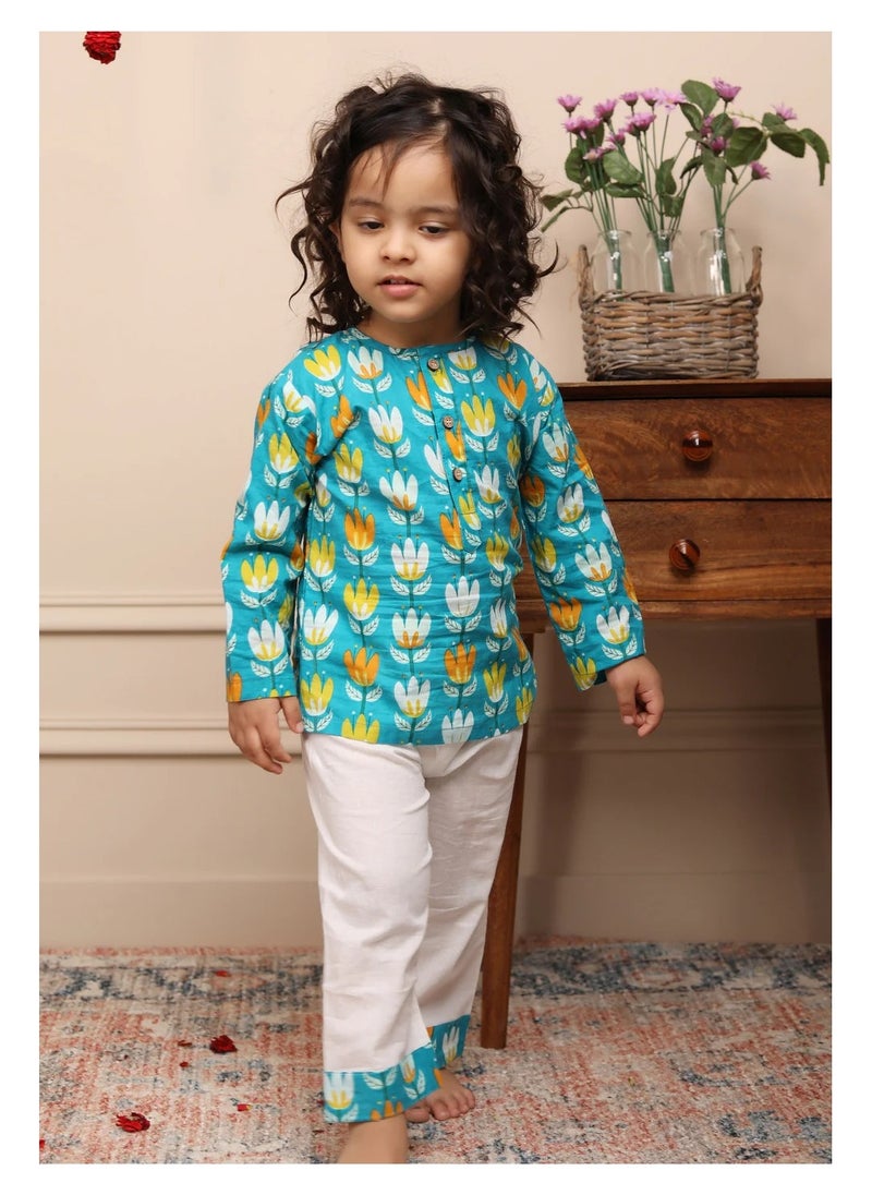 Polka Tots Full Sleeves Night Wear Lotus Kurta Pyjama - White