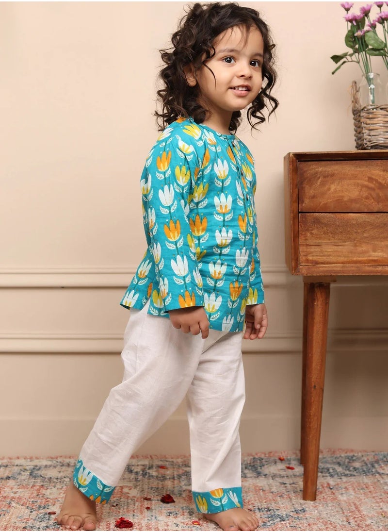 Polka Tots Full Sleeves Night Wear Lotus Kurta Pyjama - White