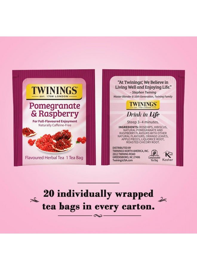 Twinings Pomegranate & Raspberry Tea - Naturally Caffeine-Free Herbal Tea Bags Individually Wrapped, 20 Count (Pack of 2)