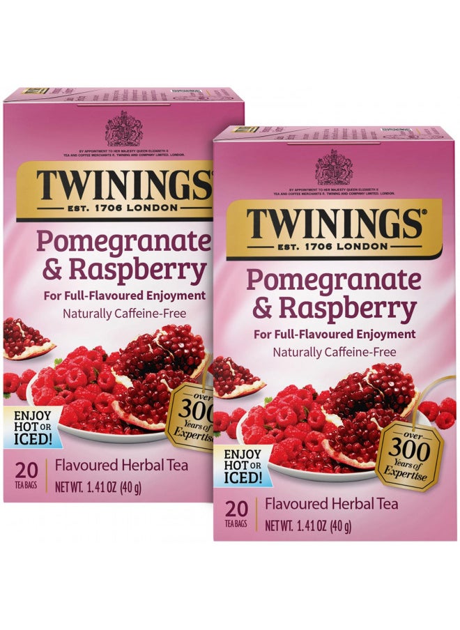 Twinings Pomegranate & Raspberry Tea - Naturally Caffeine-Free Herbal Tea Bags Individually Wrapped, 20 Count (Pack of 2)