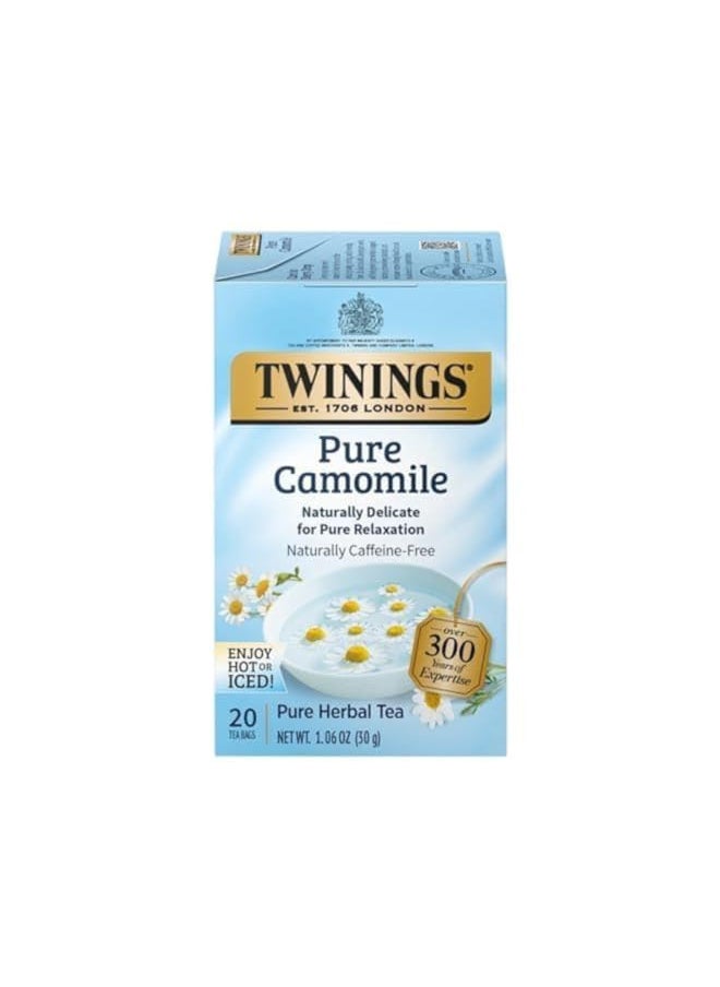 Twinings Pure Camomile Herbal Tea Individually Wrapped Bags, 20 Count Pack of 6, Naturally Caffeine Free