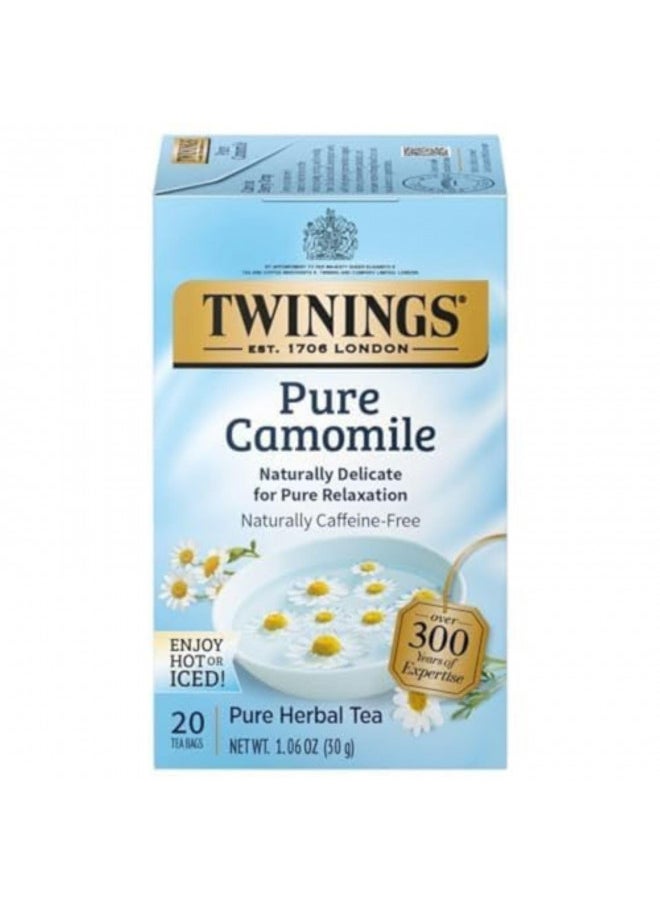 Twinings Pure Camomile Herbal Tea Individually Wrapped Bags, 20 Count Pack of 6, Naturally Caffeine Free